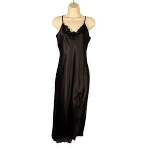 California Dynasty Nightgown Womens Medium Black Satin Bead Sequin Front Slit